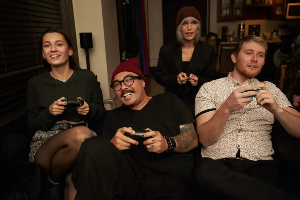 People having fun together playing video games